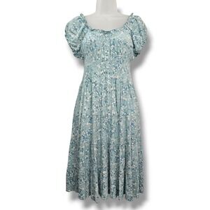 Julia Milkmaid Midi Dress XL Blue Floral Tiered Smocked Cottagecore Puff Sleeve